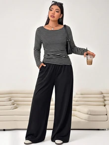 Solflare Plus Size Striped Print Long Sleeve Slim Fit Tee & Wide Leg Pants Set - Multicolor - View 3