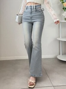 Dazy Tall Celana Jeans Wanita Model Slim Fit dengan Hiasan Pita dan Patchwork Renda Warna Kontras, Model Flare Kasual untuk Musim Gugur - Light Wash - View 5