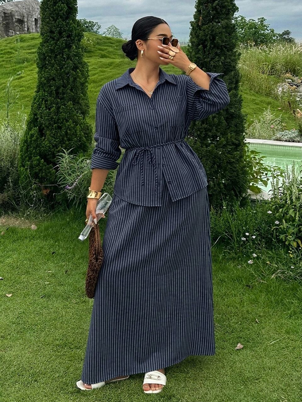 Dazy Plus Plus Size Women Long Loose Casual Shirt And Skirt Set, Fashionable Striped Two Pieces Outfit For Spring, Summer And Early Autumn