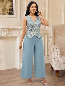 SHEIN Lady 花卉印花背心西裝外套與寬腿長褲套裝 - 藍色 - 查看 6
