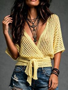 Balvessa Batwing Sleeve Wrap Knot Side Lightweight Cardigan Vacation Pale Yellow Summer Tropical European - Yellow - View 3
