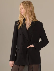 KÆRIA Hus Belted Double-Breasted Tuxedo Blazer - Crepe Suiting - Black - Tailored, Office, Elegant Classy Business Professional, Summer - Black - View 2