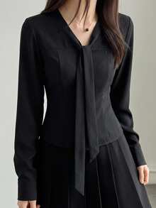 DAZY Solid Tie Neck Blouse - Black - View 2