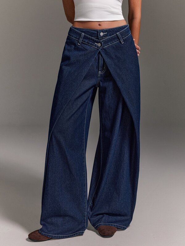 Athîral Denim بنطلون جينز نسائي كاجوال فضفاض بساق واسعة بتصميم قطعتين وهمي