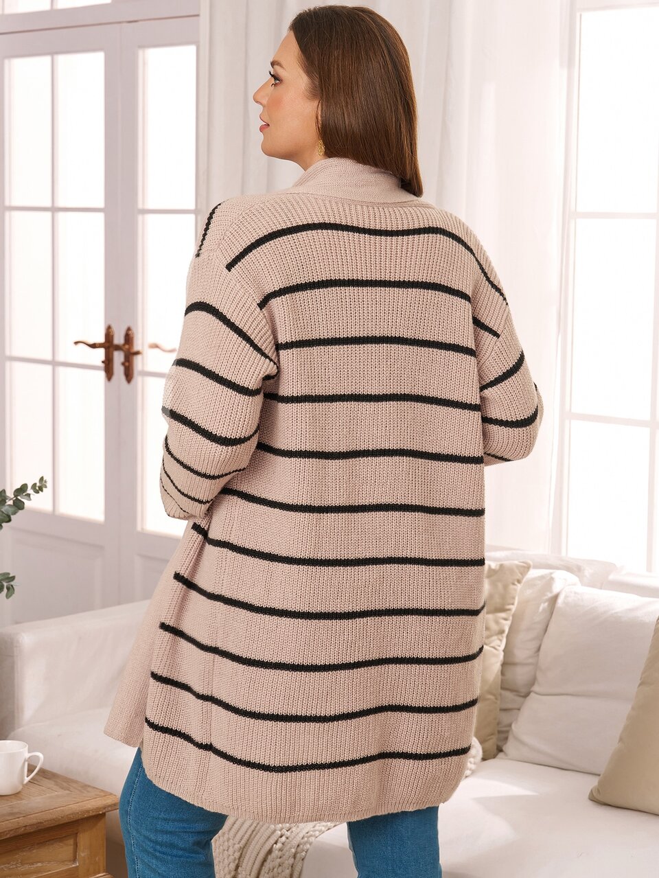 Women's Plus Size Striped Knit Cardigan With Lapel Collar Winter Fall Clothes For Women Fall Winter 2026 Large Collar Striped Cardigan