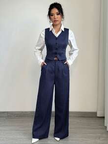 Elenzga Striped Print Waistcoat & Wide Leg Pants - Blue - View 3