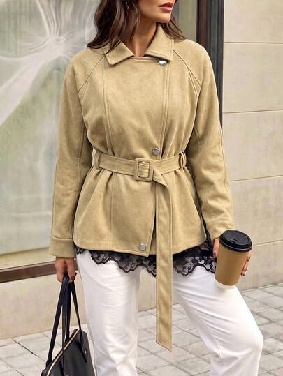 Selenza Women's Vintage European & American Style Loose Casual Deep Brown Trench Coat With Turn-Down Collar, Minimalist & High-End, Suitable For Daily Commute, Date, Outing, Vacation And Various Occasions, Fashionable Outfit Piece For Spring And Autumn