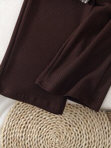 SHEIN Vintaside Kids Girls Little Brown Plaid Bow Top And Coffee Wide Leg Pants 2 Piece Set Top With Plaid Round Neck Long Sleeves Decorated With Three Bows Ruffle Hem And - Brown - View 8