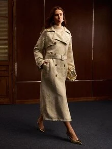 MOTF PREMIUM WOMEN'S AUTUMN JACQUARD MID-LENGTH TRENCH COAT - Green - View 6