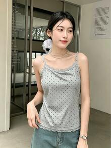 K-Vae 女款白色波點蕾絲飾邊細肩帶背心上衣，甜美可愛修身夏季上衣，柔軟針織，韓系休閒百搭，街頭風，必備內搭 - 灰色 - 查看 1