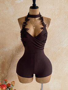 Soleia Women's Solid Color Casual Daily Halter Neck Romper - Brown - View 6
