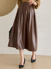 DAZY Rok Midi Lipit Elegan Wanita Bahan PU Gaya Jalanan Musim Gugur - Rust Brown - View 3