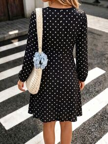 SHEIN PariChic Polka Dot Print Lace Trim Sweetheart Neck Dress - Black - View 2