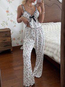 SHEIN Ditsy Floral Print Bow Front Lettuce Trim PJ Set - White - View 6
