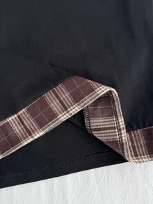 Teen Girl Plaid Print Contrast Collar 2 In 1 Tee - Black - View 5