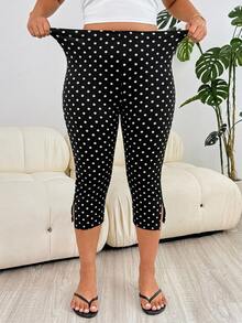 Solflare Plus Polka Dot Print Split Hem Leggings - Black - View 2