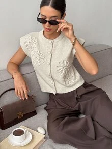 Serisse Rompi Rajut Wanita dengan Bordir Bunga dan Kancing Depan, Warna Beige, Musim Gugur, Gaya Kasual Retro Vintage Era 2000-an, Atasan Wol Hangat Tanpa Lengan untuk Pakaian Kantor/Brunch - Aprikot - View 6