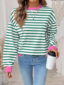 SHEIN LUNE Contrast Striped Print Drop Shoulder Oversize Ringer Pullover Sweatshirt - White - View 1