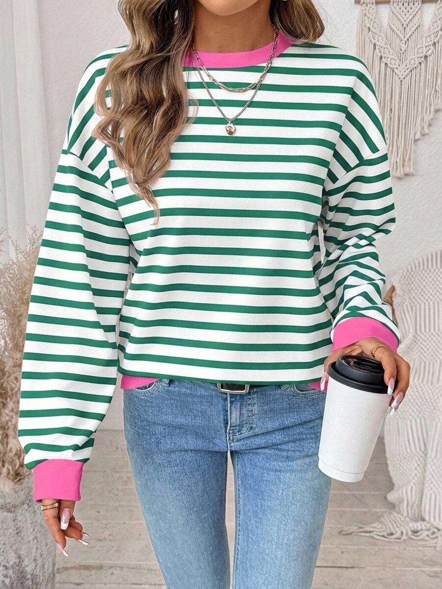 SHEIN LUNE Contrast Striped Print Drop Shoulder Oversize Ringer Pullover Sweatshirt - White - View 1
