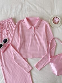 Comfortcana Contrast Striped Print Polo Collar Long Sleeve Top & Knot Front Pants Set - Pink - View 5