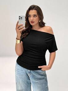 Shapeblank Plus Asymmetrical Neck Ruched Tee - Black - View 5