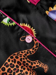 Chillnights Plus Size Women Leopard Print Long Sleeve Single-Breasted Top And Pants Pajama Set - Black - View 9