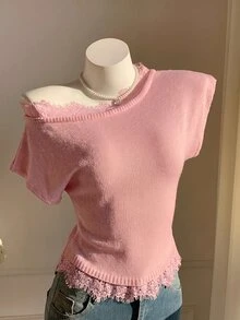 Comfortcana 女款純色蕾絲拼接不對稱領針織上衣 - 粉色 - 查看 4