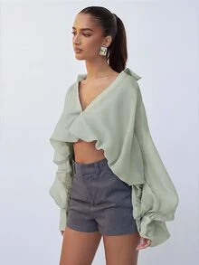Hauture Sheer Striped Balloon Sleeve Crop Shirt - Dark Green - View 3
