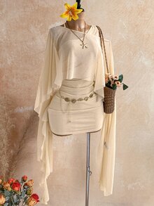 Soleia 女款純色不對稱下擺上衣與單肩抓褶洋裝時尚兩件套 - 金色 - 查看 1