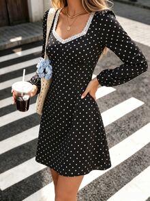 SHEIN PariChic Polka Dot Print Lace Trim Sweetheart Neck Dress - Black - View 7