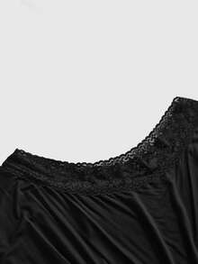 ROMWE Plus Contrast Lace Asymmetrical Neck Tee - Black - View 3
