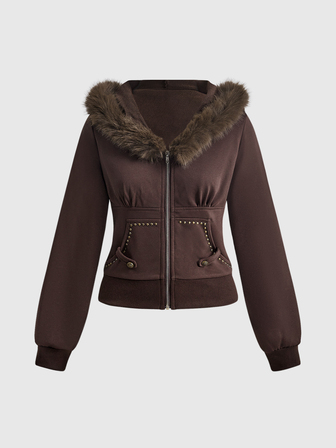 Hippie Sudadera con capucha con cremallera y ribete de felpa