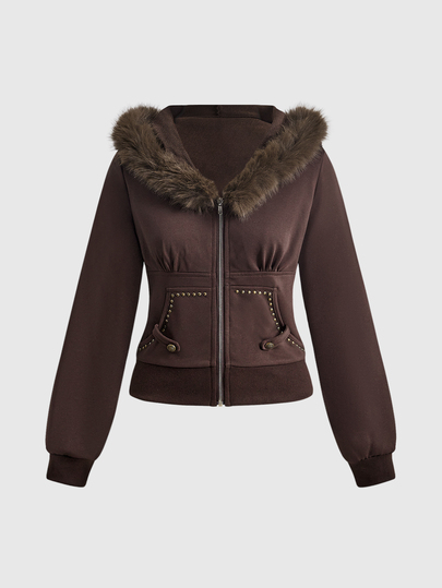Hippie Sudadera con capucha con cremallera y ribete de felpa