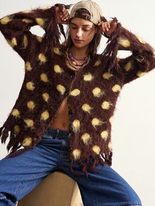 Bohemela Polka Dot Pattern Fringe Trim Drop Shoulder Sweater - Coffee Brown - View 4