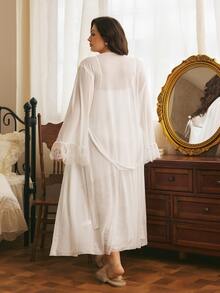 Côtesoire Plus Contrast Lace Flounce Sleeve Knot Front Robe & Cami Sleep Dress PJ Set - White - View 2