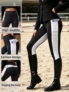 Exploreva Exploreva Contrast Panel Side Seam Adjustable Waistband Waist Thermal Lined Leggings - Black - View 1