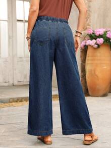 SHEIN PETITE Jeans de pierna ancha con cintura con cordón - Azul lavado oscuro - Ver 2