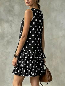 Glimmora Polka Dot Print V-Neck Sleeveless Layered Ruffle Hem Dress - Black and White - View 2