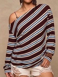 Freevana Plus Striped Print Asymmetrical Neck Tee - Multicolor - View 6