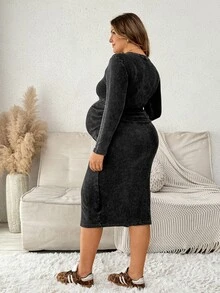 Plussiva فستان حمل صيفي فضفاض كاجوال بلون موحد مقاس كبير رمادي مناسب للاستخدام اليومي وجلسات التصوير لفصلي الصيف والخريف - الأسود - مشاهدة 2