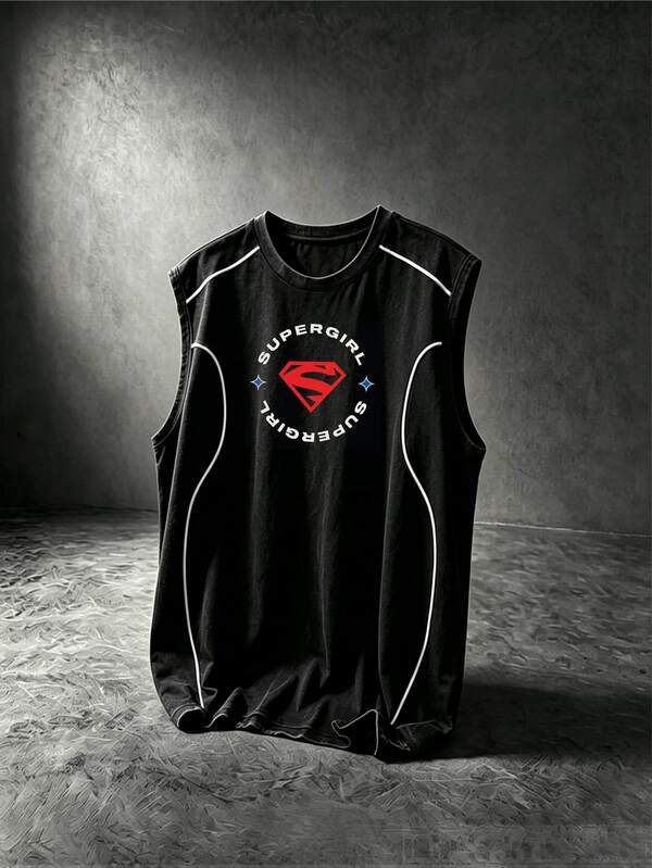 SUPERMAN X SHEIN Tank Top Olahraga Kebugaran Harian Pria dengan Motif Huruf