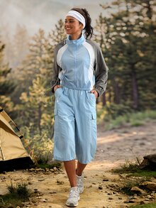 Exploreva Women's Colorblock Zipper Casual Versatile Daily Outdoor Jacket - Baby Blue - View 6