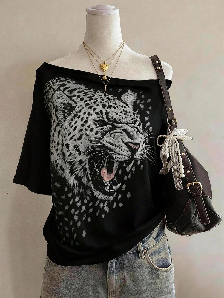 Lalippa Minimalist Leopard Print Asymmetric Shoulder T-Shirt, Gift For Friends - Light Grey - View 4
