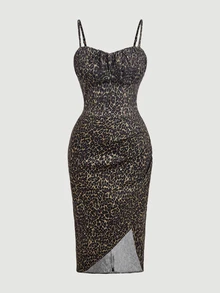 SHEIN MOD Plus Leopard Print Ruched Bust Split Thigh Cami Denim Dress - Multicolor - View 1