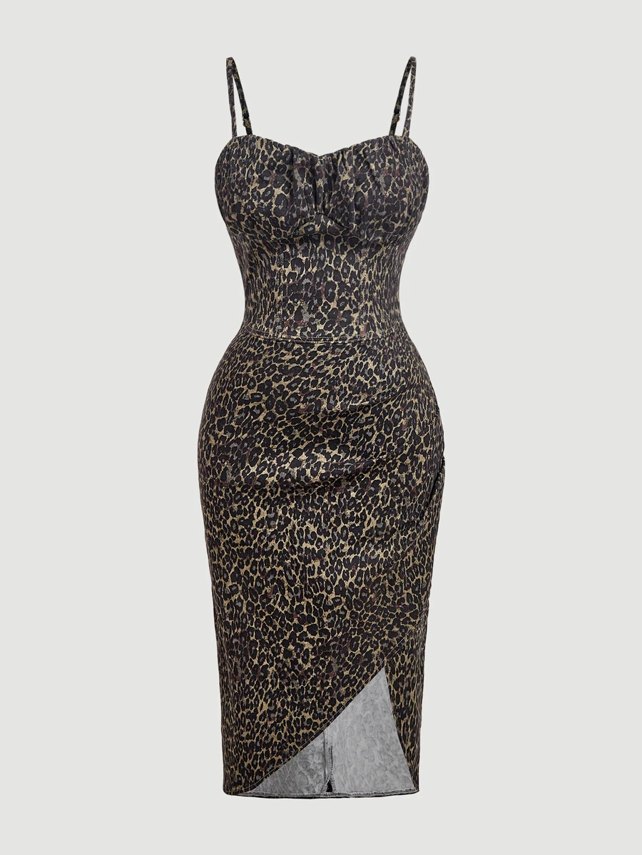 SHEIN MOD Plus Leopard Print Ruched Bust Split Thigh Cami Denim Dress - Multicolor - View 1