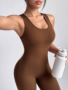 SHEIN Velisys Plus Solid Scoop Neck Sports Jumpsuit - Coffee Brown - View 4
