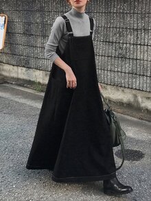FRIFUL Women's Autumn Solid Color Spaghetti Strap Dress With Full Skirt - Black - View 5