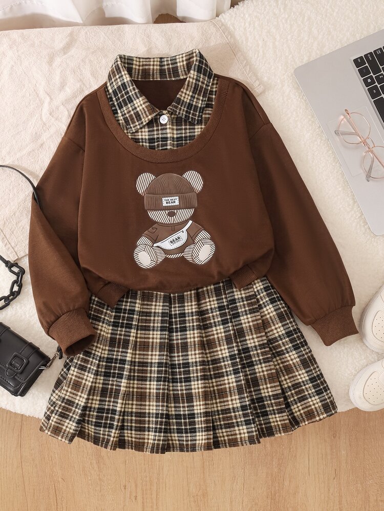 SHEIN Sparklyn Tween Girls 2pcs Set T-Shirt Co-Ords,Vintage,Loose, Knit, Casual, Fall, Cartoon Pleated Stripe Fall Fall Clothes Clothes Pull Skirt Shirt Babydoll Top - Multicolor - View 7