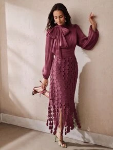 Anewsta 女款深紫色長洋裝，適合婚禮、晚宴、雞尾酒會，秋季穿搭 - 酒紅色 - 查看 5
