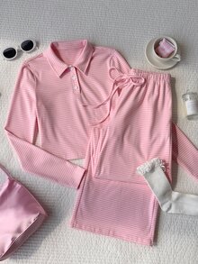 Comfortcana Contrast Striped Print Polo Collar Long Sleeve Top & Knot Front Pants Set - Pink - View 4
